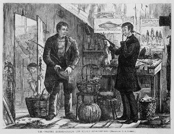 This photo of an F.S. Church engraving from the January 17, 1874 issue of Harper's Weekly shows the concept of barter in practice ... the Magazine's Editor is obviously accepting all manner of goods as payment for yearly subscriptions...his latest "payment" appears to be in the form of chickens! 